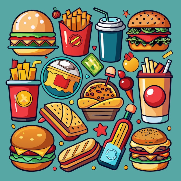 Iconos coloridos de comida rápida con hamburguesas fritas y bebidas