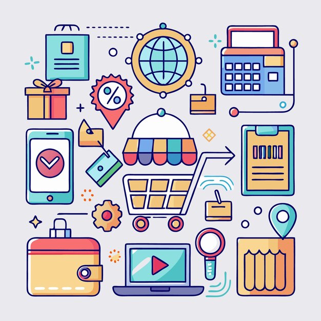 Iconos coloridos de compras en línea con un carrito de compras