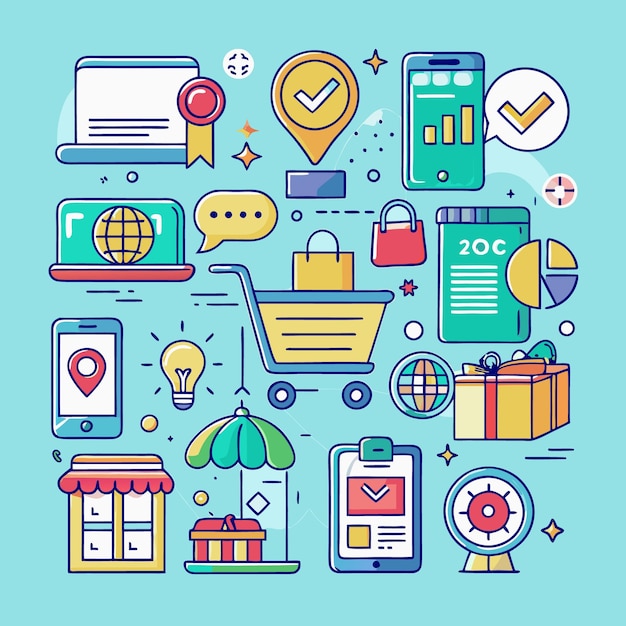 Iconos coloridos de compras en línea dibujados a mano