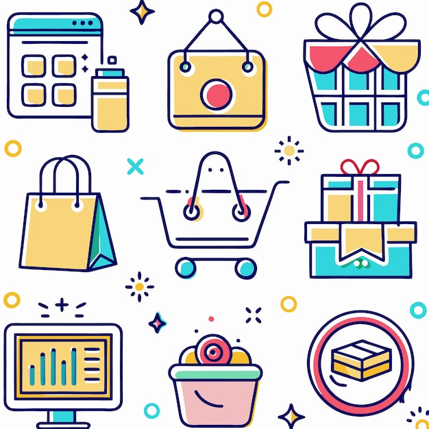 Iconos coloridos para compras en línea, entregas de regalos y diseño web