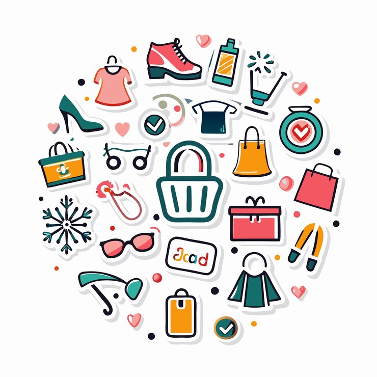 Vector iconos coloridos de las compras y la moda en un círculo