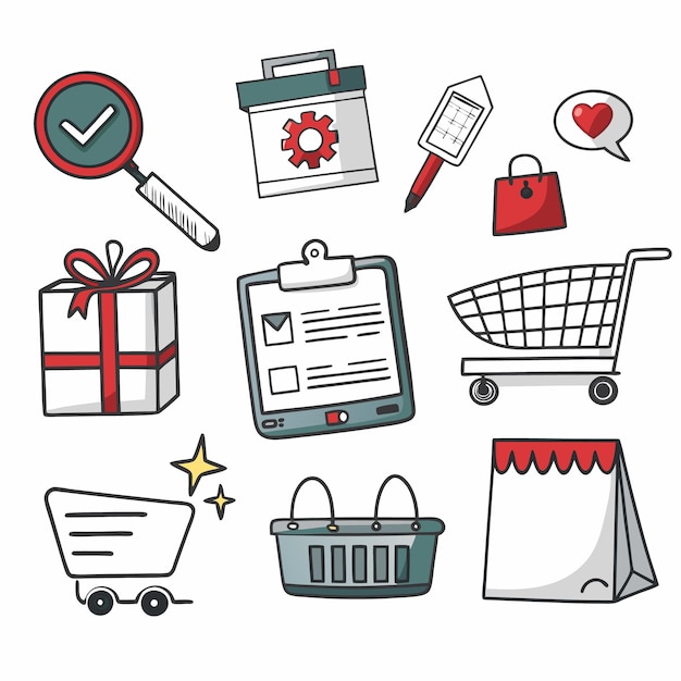 Iconos coloridos dibujados a mano de compras en la caja y la entrega