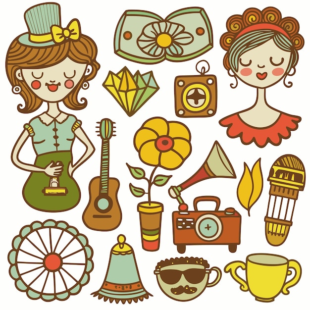Iconos coloridos dibujados a mano para un divertido diseño retro