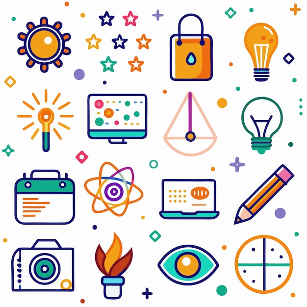 Iconos coloridos dibujados a mano con estrellas, círculos y signos más