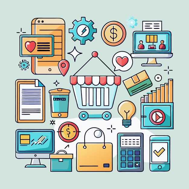 Iconos coloridos dibujados a mano de varios elementos comerciales