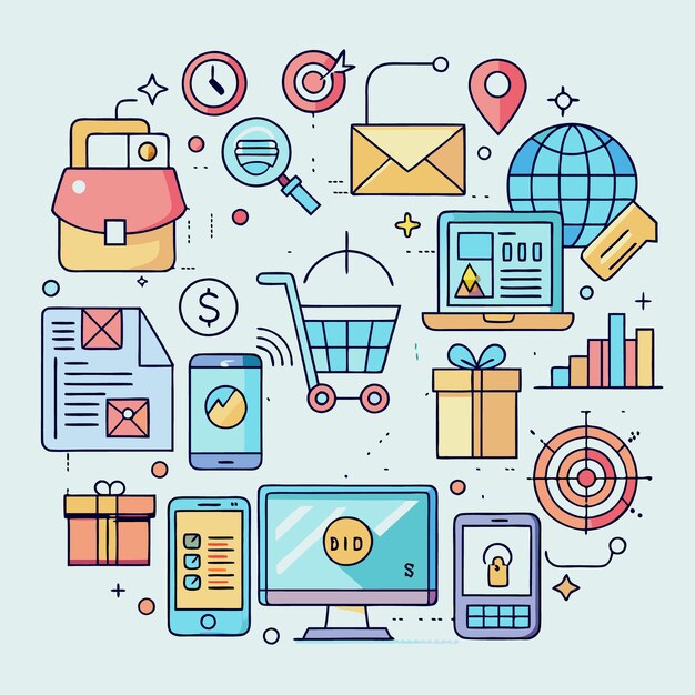Iconos coloridos de la estrategia de marketing digital análisis de datos y compras en línea