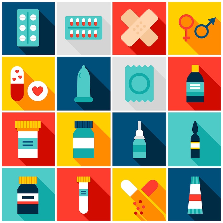 Vector iconos coloridos de la farmacia de la medicina. ilustración de vector. conjunto de artículos de salud de rectángulo plano con sombra.
