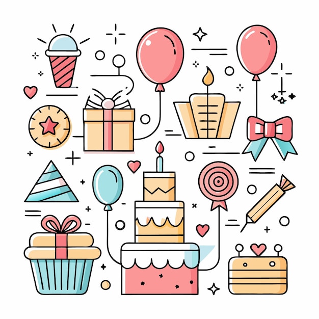 Iconos coloridos de fiestas de cumpleaños que incluyen bolos de pastel, regalos y un sombrero de fiesta