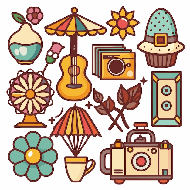 Iconos coloridos con flor de guitarra cámara pastel y más