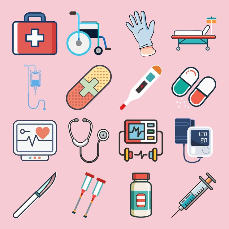 Iconos coloridos de herramientas médicas y equipos de atención médica para hospitales, clínicas y diseños de salud