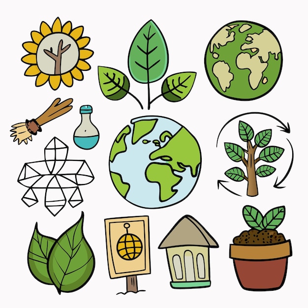 Iconos coloridos de hojas y plantas de la Tierra
