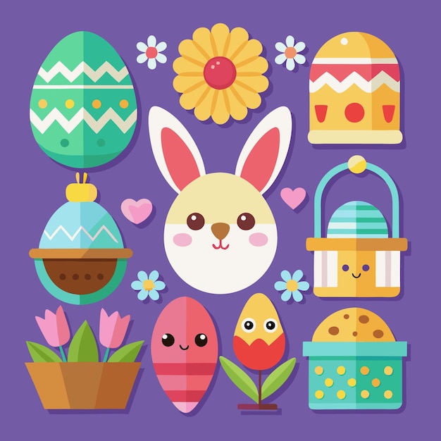 Iconos coloridos de Pascua con canasta de huevos de conejo y flores