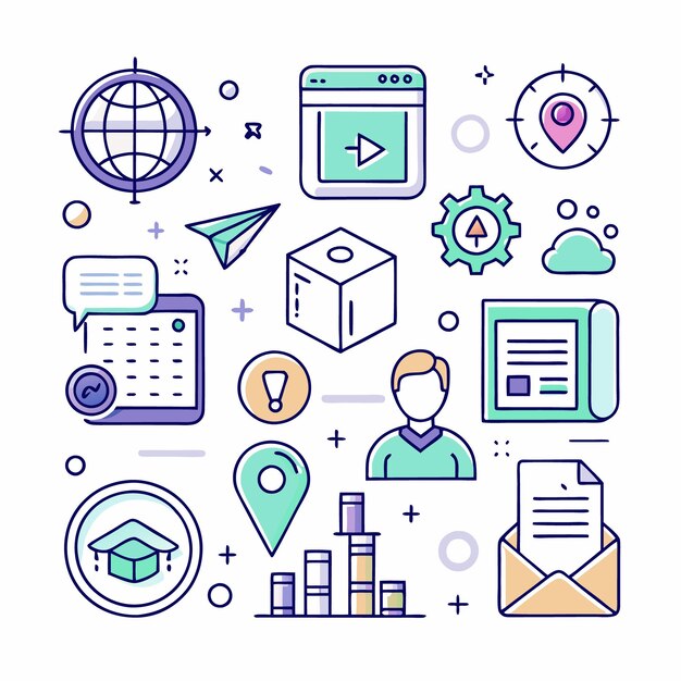 Iconos coloridos que representan el negocio de la educación y la tecnología
