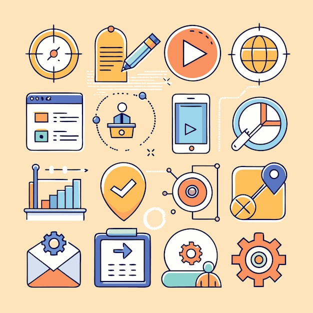 Iconos coloridos que representan negocios y tecnología