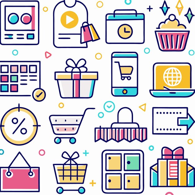 Iconos coloridos relacionados con las compras en línea, las ventas, los descuentos y la entrega