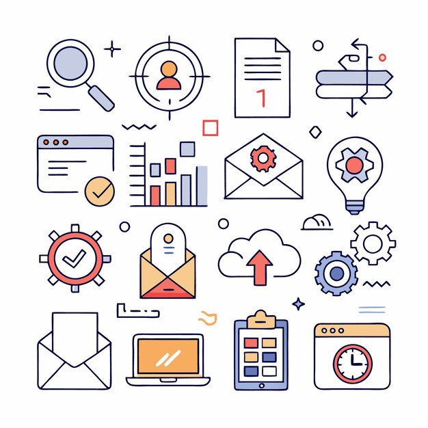 Iconos coloridos relacionados con los negocios y la tecnología