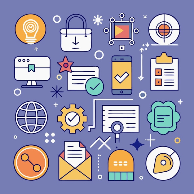 Los iconos coloridos representan una variedad de operaciones digitales y comerciales