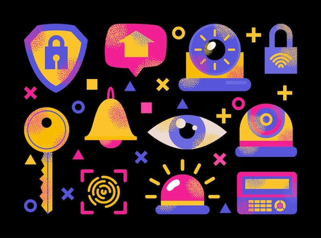 Iconos coloridos del sistema de seguridad, incluida la cámara de huellas dactilares de la llave de bloqueo y los símbolos de alarma