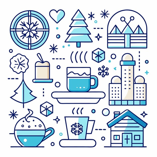 Iconos coloridos de la temporada de invierno, incluidos copos de nieve, árboles, una casa y tazas de cacao caliente