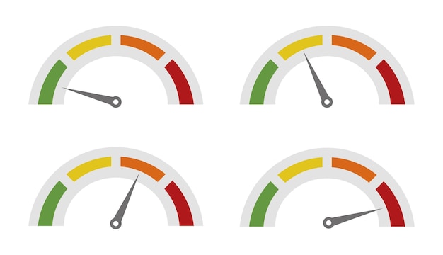 Iconos coloridos del velocímetro del tablero de instrumentos establecido Indicador de satisfacción del cliente Nivel Escala vectorial
