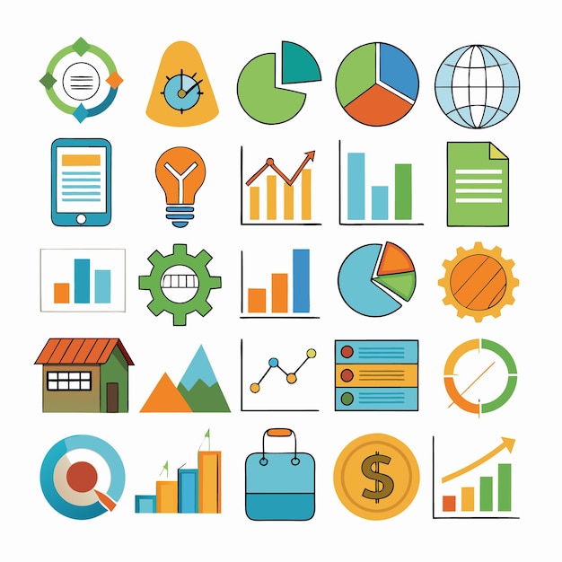 Iconos comerciales y analíticos Conjunto completo para visualización de datos y análisis financiero