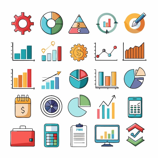 Iconos comerciales y analíticos Conjunto completo para visualización de datos y análisis financiero