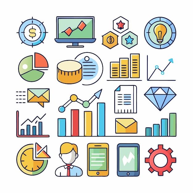 Iconos comerciales y analíticos Conjunto completo para visualización de datos y análisis financiero