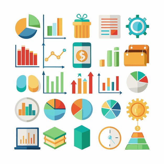 Iconos comerciales y analíticos Conjunto completo para visualización de datos y análisis financiero