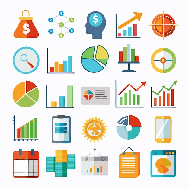 Iconos comerciales y analíticos Conjunto completo para visualización de datos y análisis financiero