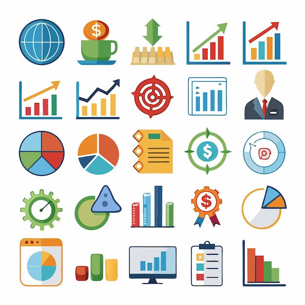 Iconos comerciales y analíticos Conjunto completo para visualización de datos y análisis financiero