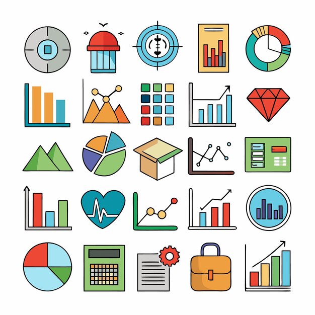Iconos comerciales y analíticos Conjunto completo para visualización de datos y análisis financiero