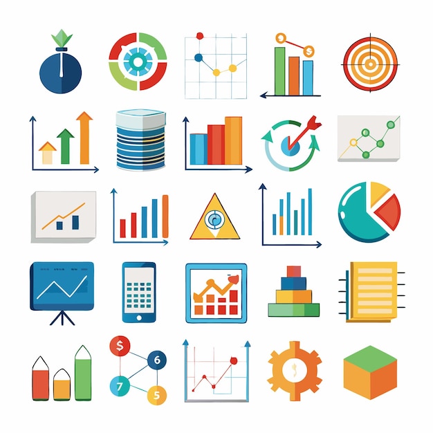 Iconos comerciales y analíticos Conjunto completo para visualización de datos y análisis financiero
