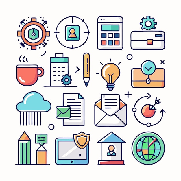 Iconos comerciales coloridos que representan varios aspectos de las operaciones y procesos comerciales