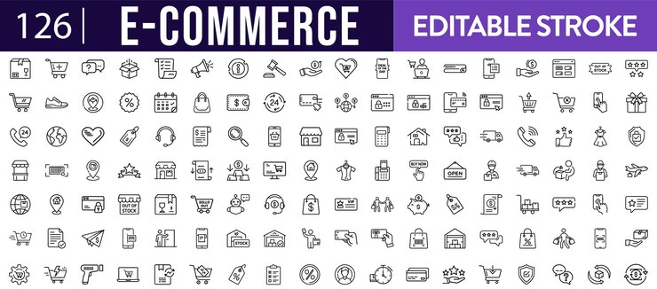 Iconos de comercio electrónico configurados con estilo de línea delgada de trazo editable moderno en fondo blanco aislado