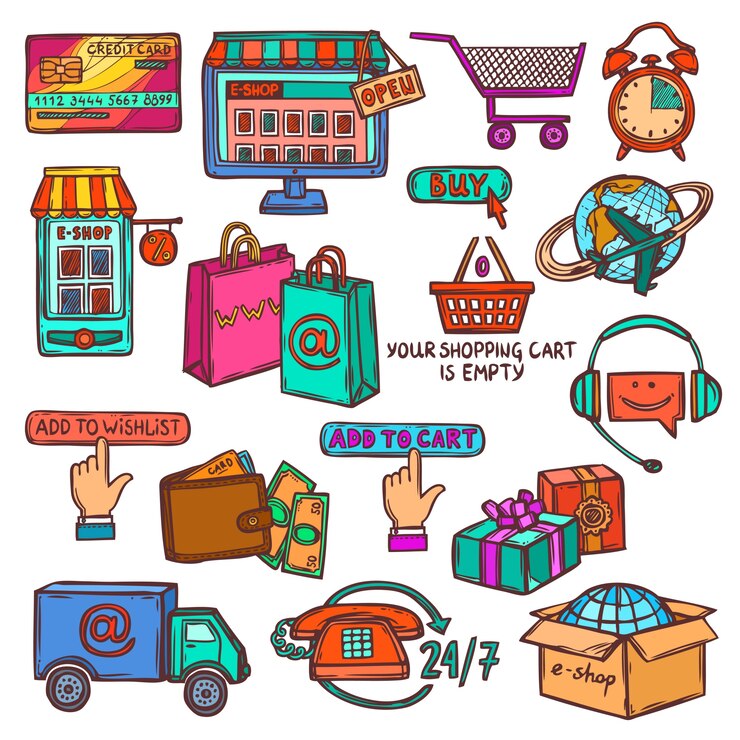Vector iconos de comercio electrónico establecer boceto