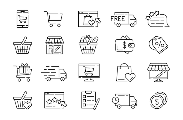 Iconos de comercio Símbolos de línea delgada de supermercados e compras en Internet Carrito de compras Comercio electrónico y mercado en línea Pago monetario Venta comercial Envío expreso Conjunto de signos vectoriales planos
