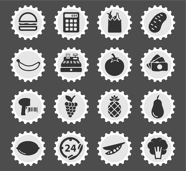 Iconos de comestibles en sellos postales redondos estilizados