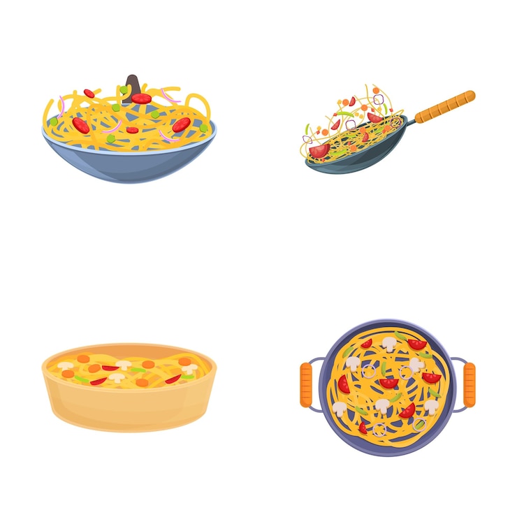 Vector los iconos de la comida asiática establecen el vector de dibujos animados fideos sabrosos en sartén y cuenco