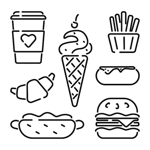 Iconos de comida y bebida, conjunto de iconos de comida rápida, icono de helado, hamburguesa, icono de café, té, donut, francés