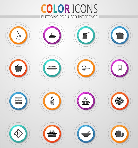 Iconos de comida y cocina en botones blancos redondos con trazos de color