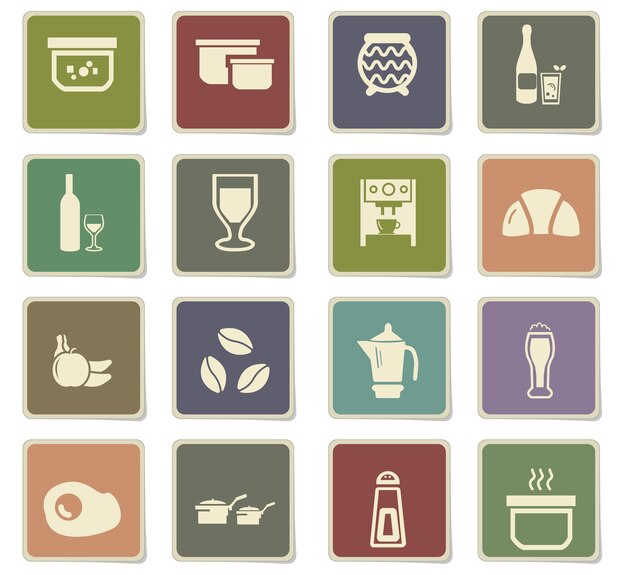Iconos de comida y cocina en pegatinas de papel cuadradas con sombra