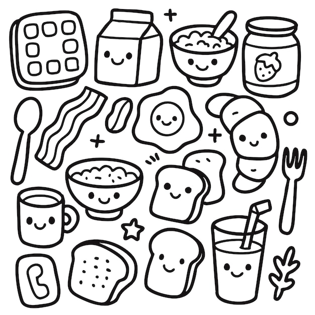 Iconos de la comida de desayuno con caras felices