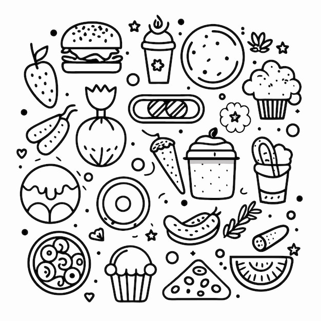 Iconos de comida dibujados a mano hamburguesa pizza pastel rosquilla sandía zanahoria cebolla pepino pasteles pastel