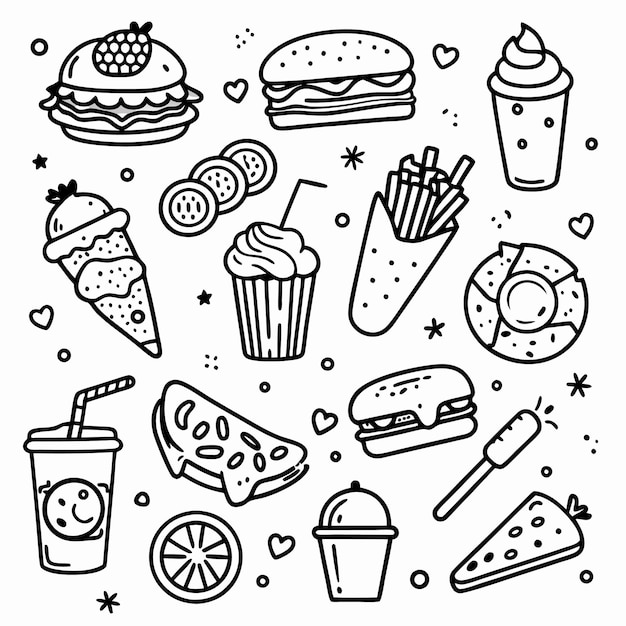 Iconos de comida dibujados a mano hamburguesas patatas fritas helados pasteles bebidas