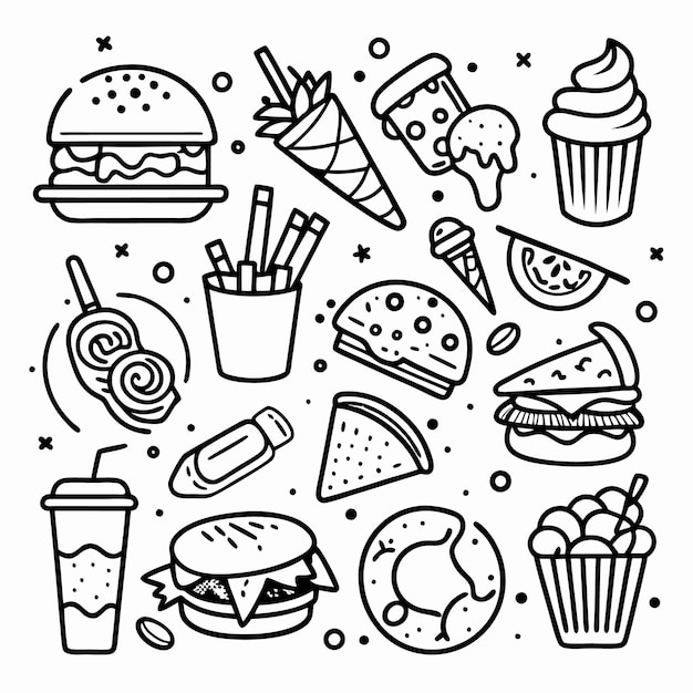 Iconos de comida dibujados a mano, incluidas hamburguesas, papas fritas, pizza, helados y más.