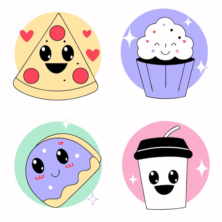 Iconos de comida divertidos Vector Icones de comida lindos con caras de Kawaii