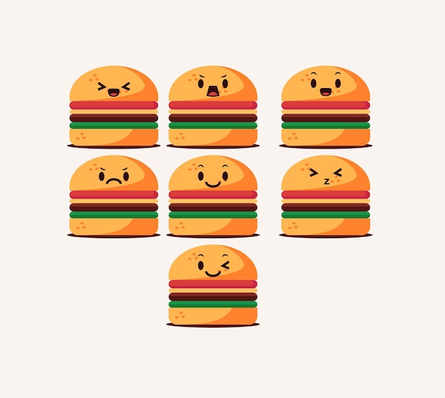 Iconos de comida de hamburguesa con ilustración de vector de expresiones