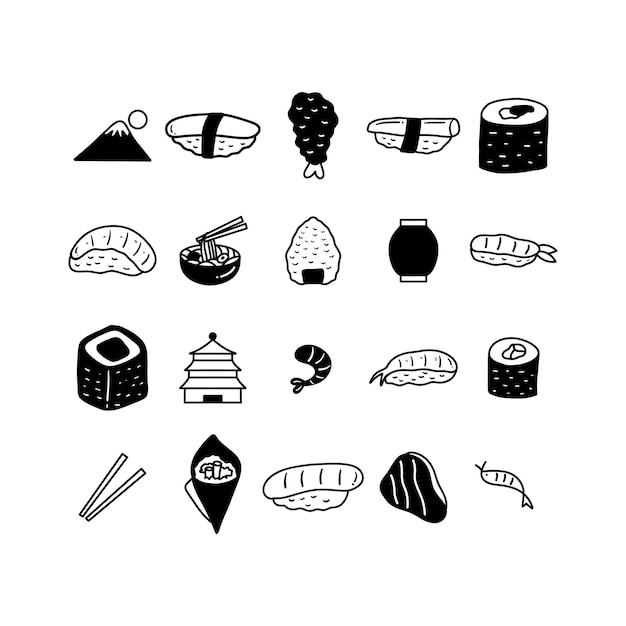 Iconos de comida japonesa con diseño minimalista en blanco y negro