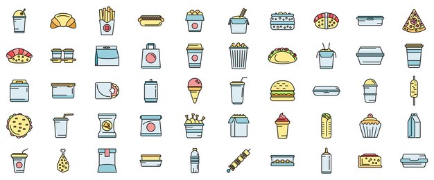 Los iconos de comida para llevar se establecen en una línea de color vectorial