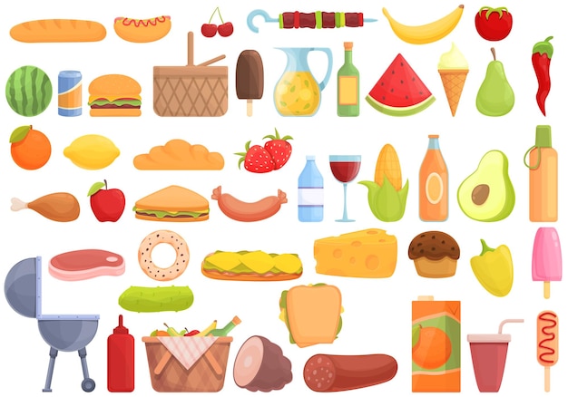 Iconos de comida de picnic establecer vector de dibujos animados. Platos de cesta